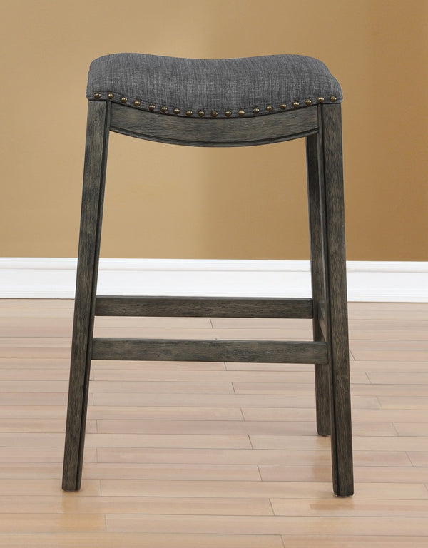 English Elm Maroni Gray Fabric Saddle Barstools with Nailhead Trim and Rustic Whitewash Wood Frame T2574P164814