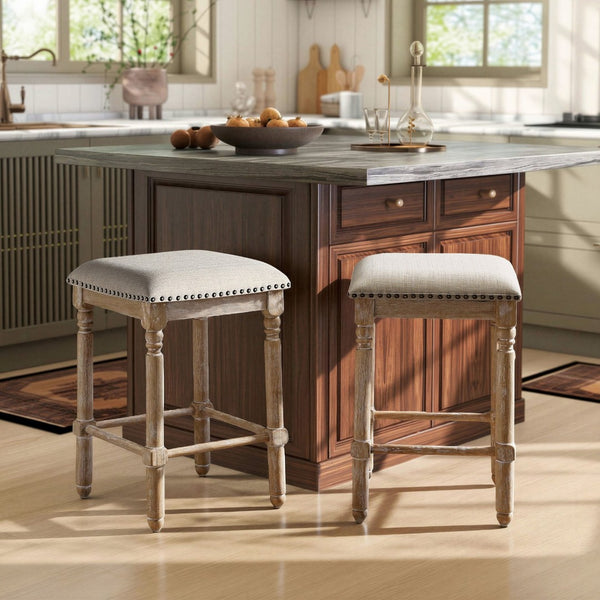 English Elm Arnhem Backless Counter Stools Set of 2 Tan Fabric Nailhead Rubberwood Frame T2574P164815