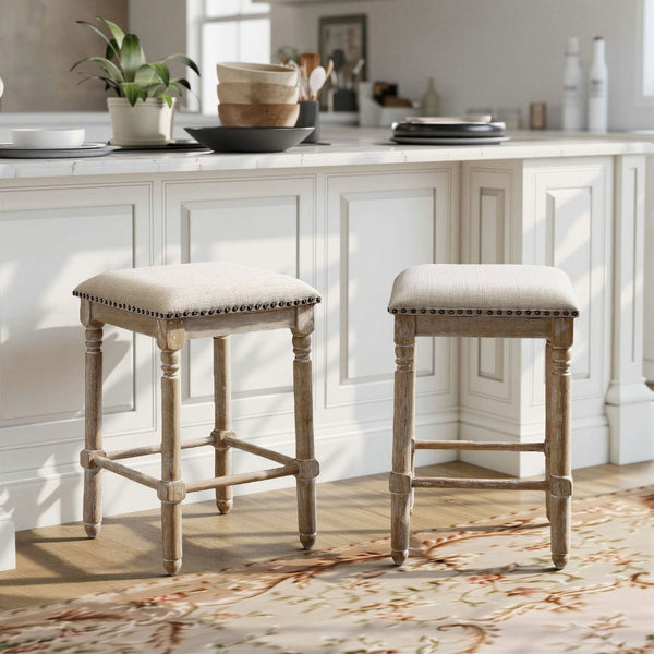 English Elm Arnhem Backless Counter Stools Set of 2 Tan Fabric Nailhead Rubberwood Frame T2574P164815
