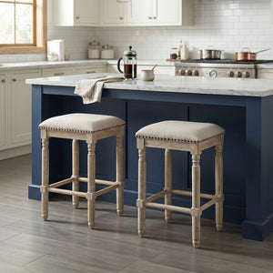 English Elm Arnhem Backless Counter Stools Set of 2 Tan Fabric Nailhead Rubberwood Frame T2574P164815