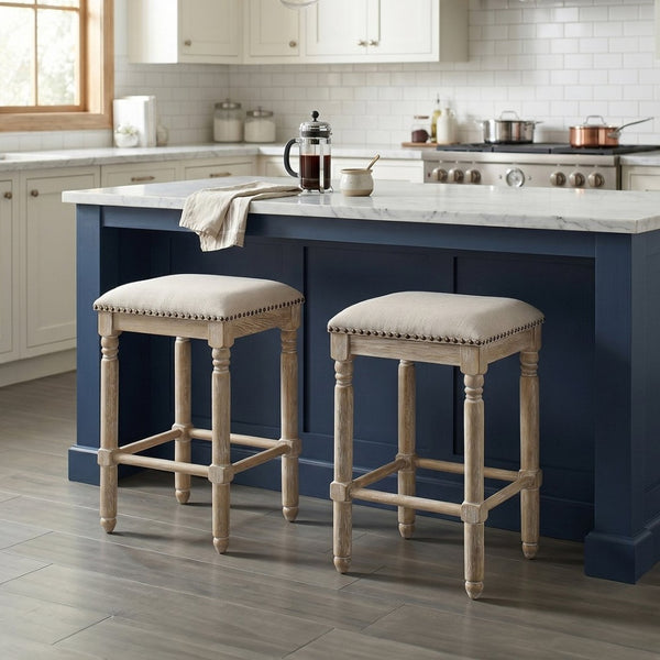 English Elm Arnhem Backless Counter Stools Set of 2 Tan Fabric Nailhead Rubberwood Frame T2574P164815