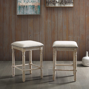 English Elm Arnhem Backless Counter Stools Set of 2 Tan Fabric Nailhead Rubberwood Frame T2574P164815