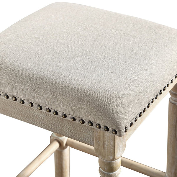 English Elm Arnhem Backless Counter Stools Set of 2 Tan Fabric Nailhead Rubberwood Frame T2574P164815