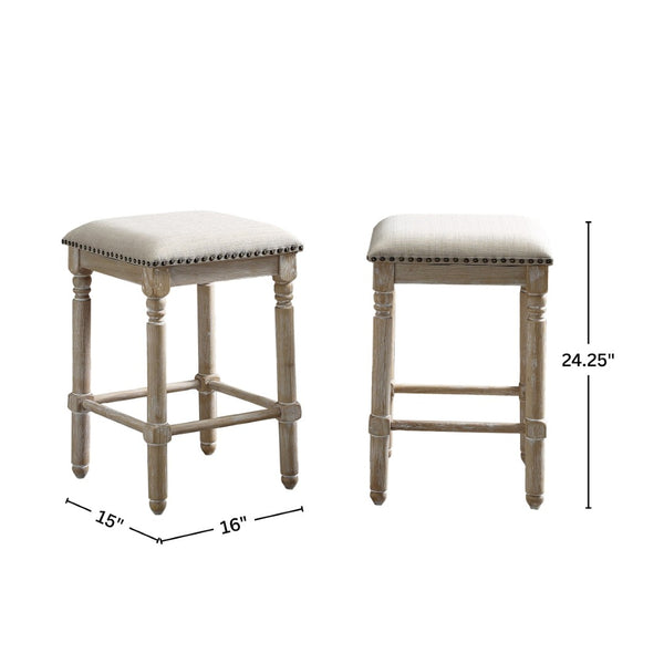 English Elm Arnhem Backless Counter Stools Set of 2 Tan Fabric Nailhead Rubberwood Frame T2574P164815