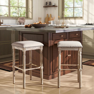 English Elm Arnhem Swivel Barstools Set of 2 Tan Upholstered Rubberwood Kitchen Island Seating T2574P164816