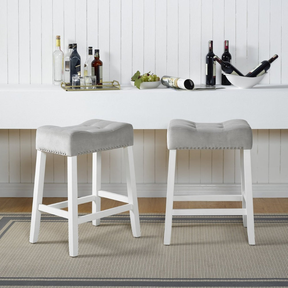 English Elm Morovo Tufted Velvet Counterstools with Nailhead Trim and Whitewash Rubberwood Legs Set T2574P164822