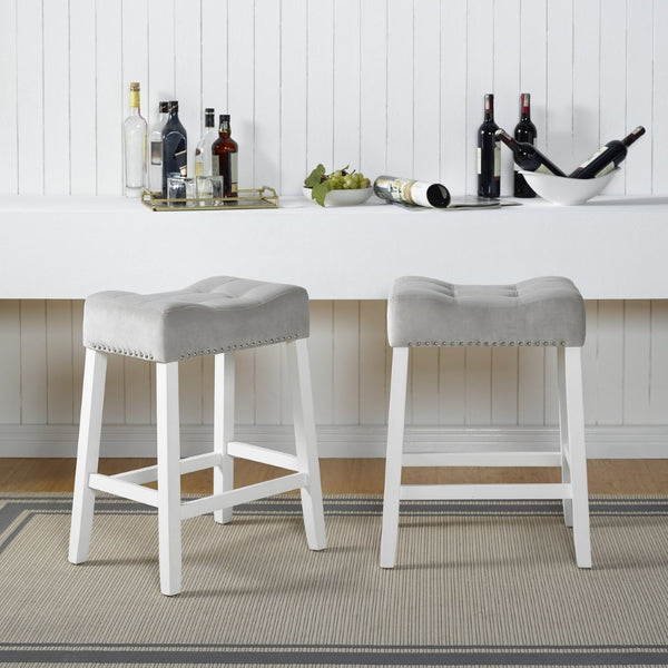 English Elm Morovo Tufted Velvet Counterstools with Nailhead Trim and Whitewash Rubberwood Legs Set T2574P164822