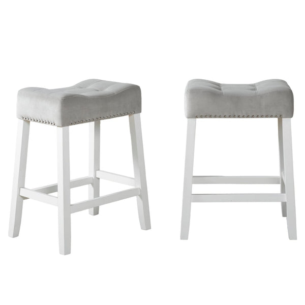 English Elm Morovo Tufted Velvet Counterstools with Nailhead Trim and Whitewash Rubberwood Legs Set T2574P164822