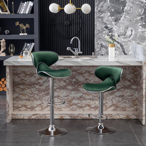 English Elm Masaccio Velvet Swivel Barstools with Chrome Base Adjustable Height Set of Two Green T2574P164845