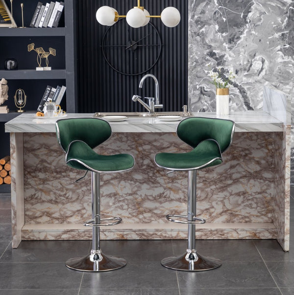 English Elm Masaccio Velvet Swivel Barstools with Chrome Base Adjustable Height Set of Two Green T2574P164845