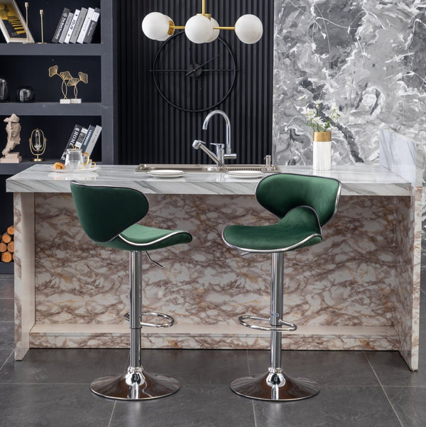 English Elm Masaccio Velvet Swivel Barstools with Chrome Base Adjustable Height Set of Two Green T2574P164845