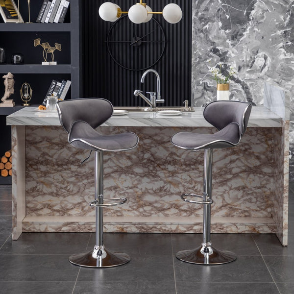 English Elm Masaccio Velvet Swivel Barstools with Chrome Base Adjustable Height Set of Two Gray T2574P164846