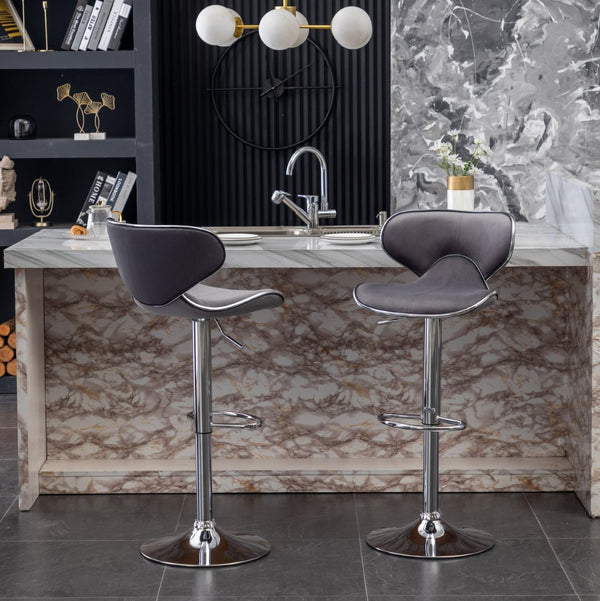 English Elm Masaccio Velvet Swivel Barstools with Chrome Base Adjustable Height Set of Two Gray T2574P164846