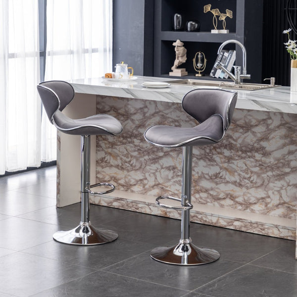 English Elm Masaccio Velvet Swivel Barstools with Chrome Base Adjustable Height Set of Two Gray T2574P164846