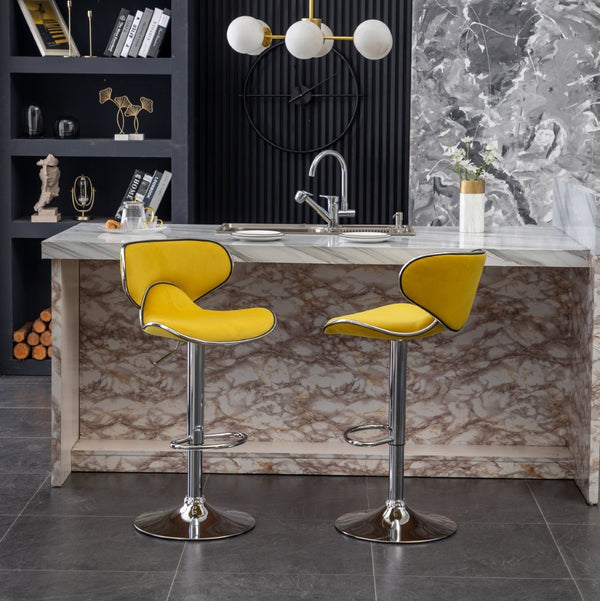 English Elm Masaccio Velvet Swivel Barstools with Chrome Base Adjustable Height Set of Two Yellow T2574P164847