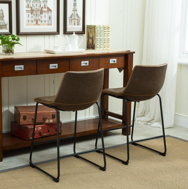 English Elm Lotusville Vintage PU Leather Counterstools Set of 2 with Iron Frame for Kitchen Islands Brown T2574P164858