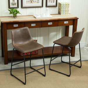 English Elm Lotusville Vintage PU Leather Counterstools Set of 2 with Iron Frame for Kitchen Islands Brown T2574P164858