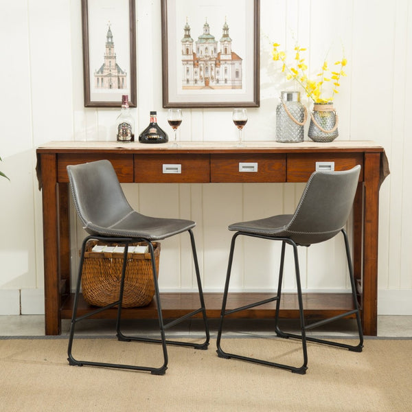 English Elm Lotusville Vintage PU Leather Counterstools Set of 2 with Iron Frame for Kitchen Islands Gray T2574P164859