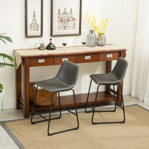 English Elm Lotusville Vintage PU Leather Counterstools Set of 2 with Iron Frame for Kitchen Islands Gray T2574P164859