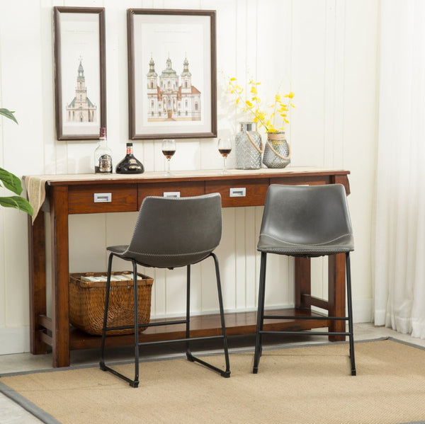 English Elm Lotusville Vintage PU Leather Counterstools Set of 2 with Iron Frame for Kitchen Islands Gray T2574P164859
