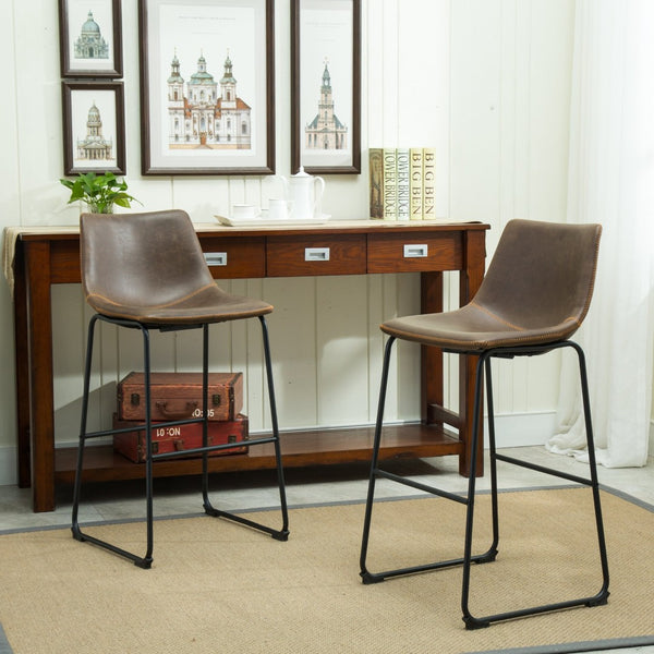 English Elm Lotusville Vintage Industrial PU Leather Barstools Set of 2 with Iron Frame T2574P164861