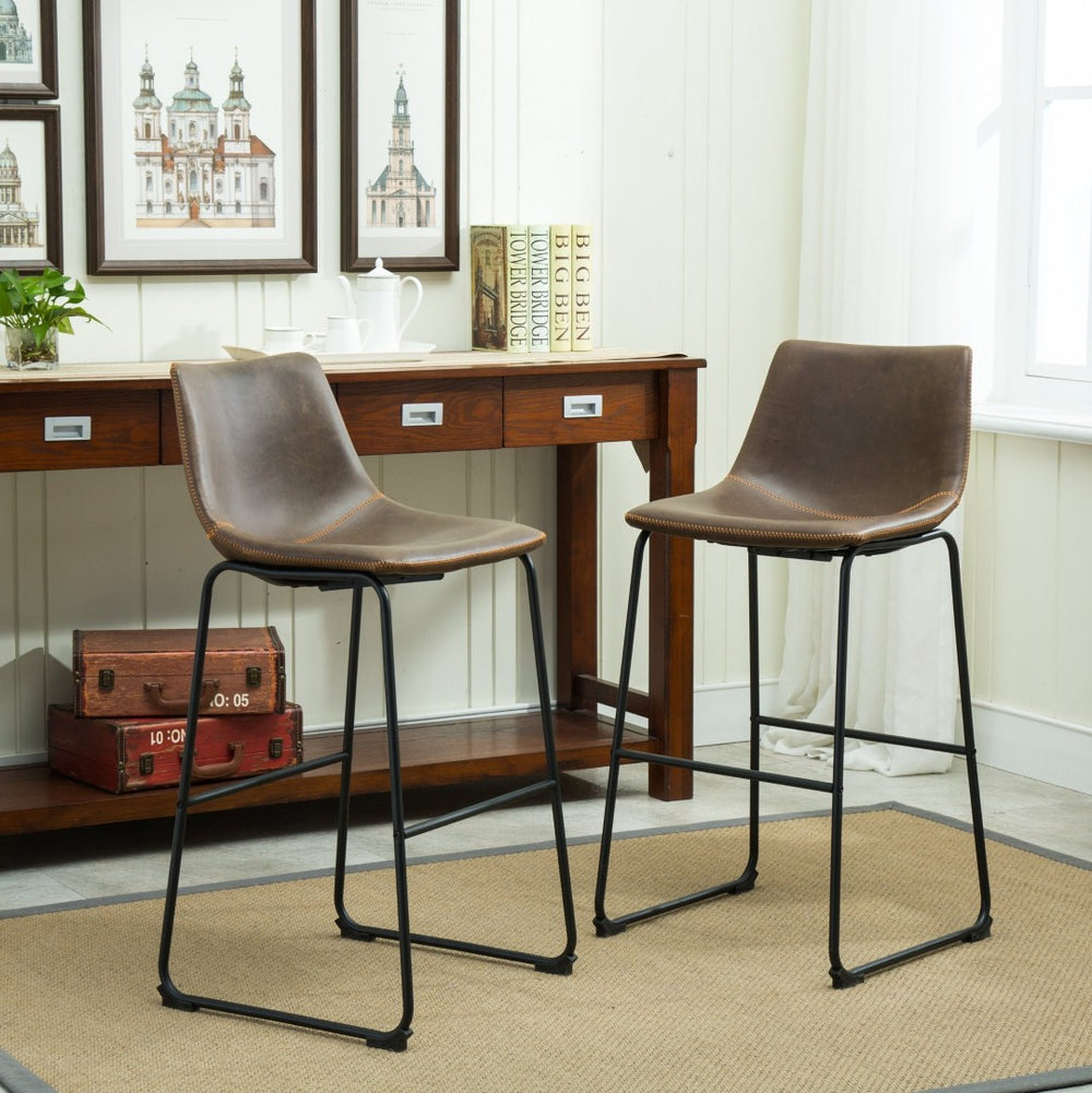 English Elm Lotusville Vintage Industrial PU Leather Barstools Set of 2 with Iron Frame T2574P164861