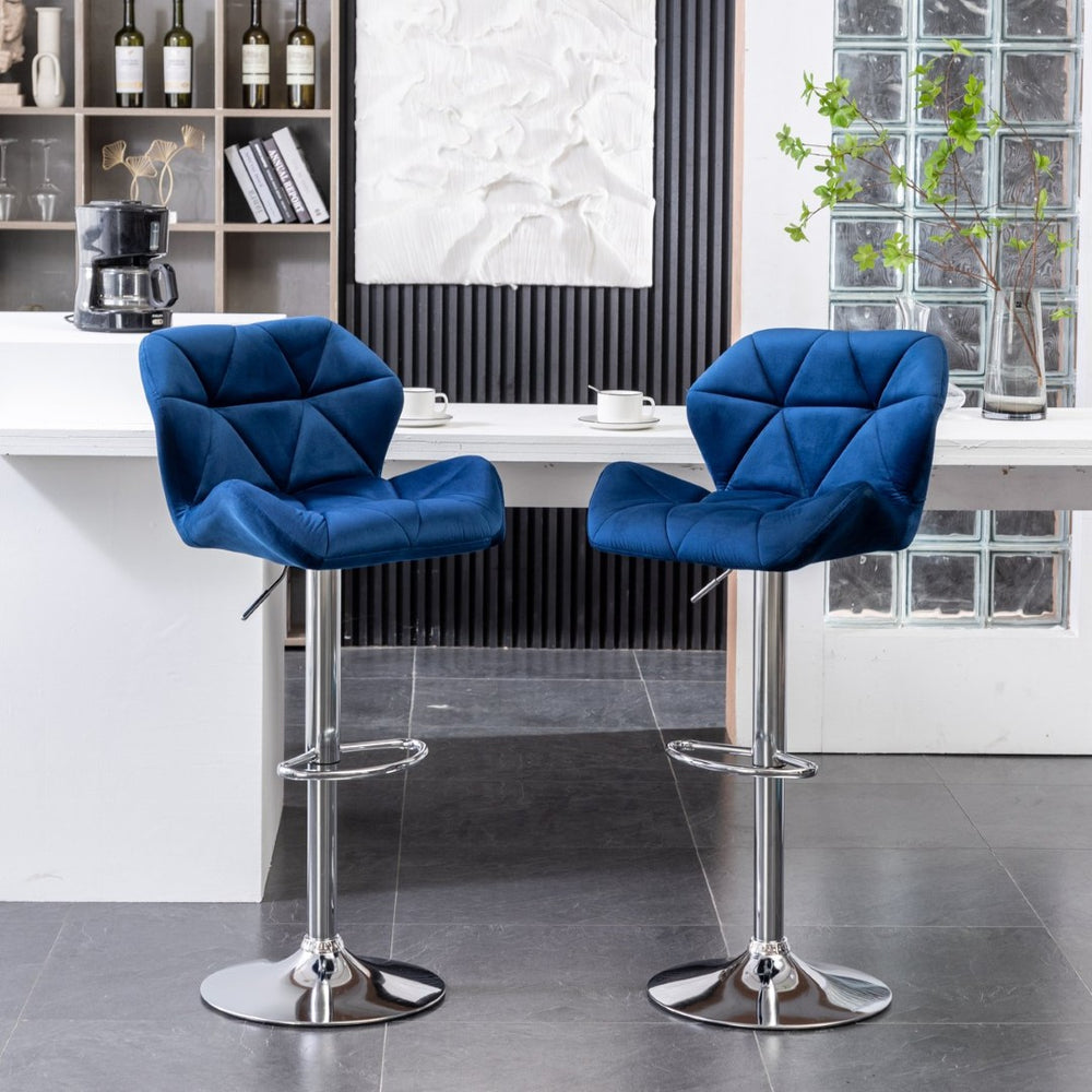 English Elm Breni Velvet Tufted Swivel Barstool Set with Chrome Base for Kitchen or Home Bar Blue T2574P164870