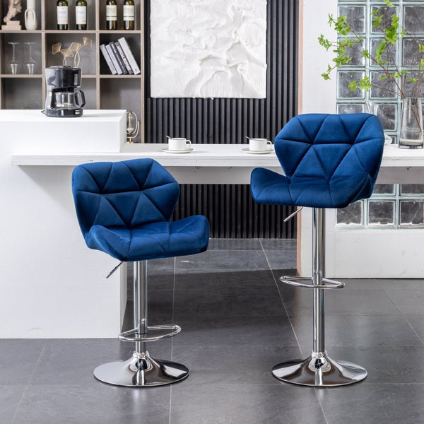 English Elm Breni Velvet Tufted Swivel Barstool Set with Chrome Base for Kitchen or Home Bar Blue T2574P164870
