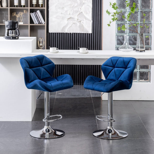 English Elm Breni Velvet Tufted Swivel Barstool Set with Chrome Base for Kitchen or Home Bar Blue T2574P164870