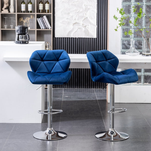 English Elm Breni Velvet Tufted Swivel Barstool Set with Chrome Base for Kitchen or Home Bar Blue T2574P164870