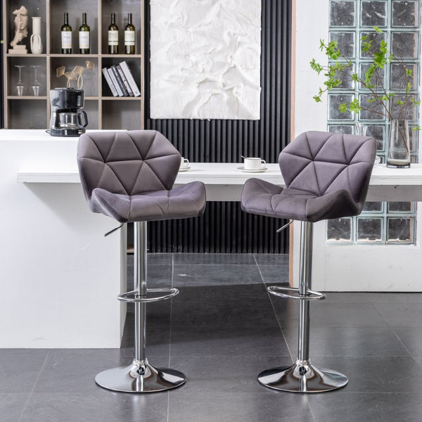 English Elm Breni Velvet Tufted Swivel Barstool Set with Chrome Base for Kitchen or Home Bar Gray T2574P164871