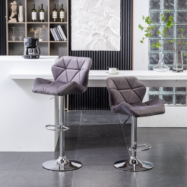 English Elm Breni Velvet Tufted Swivel Barstool Set with Chrome Base for Kitchen or Home Bar Gray T2574P164871