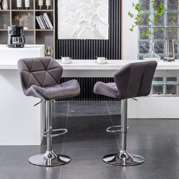 English Elm Breni Velvet Tufted Swivel Barstool Set with Chrome Base for Kitchen or Home Bar Gray T2574P164871