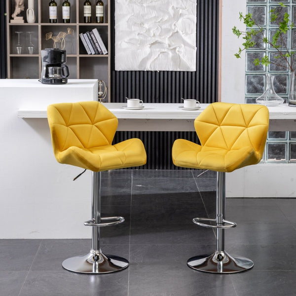 English Elm Breni Velvet Tufted Swivel Barstool Set with Chrome Base for Kitchen or Home Bar Yellow T2574P164873