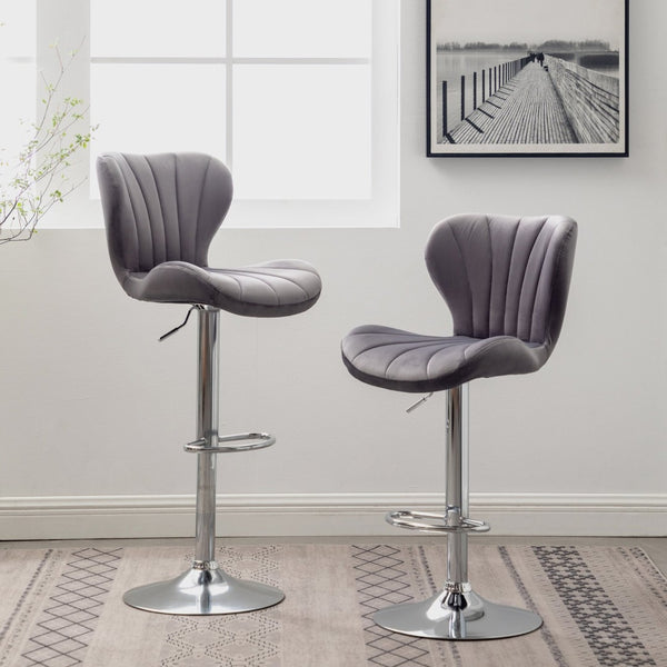 English Elm Ellston Velvet Swivel Barstools with Channel Stitching and Chrome Base Set of 2 Gray T2574P165084
