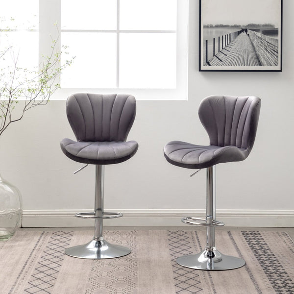 English Elm Ellston Velvet Swivel Barstools with Channel Stitching and Chrome Base Set of 2 Gray T2574P165084