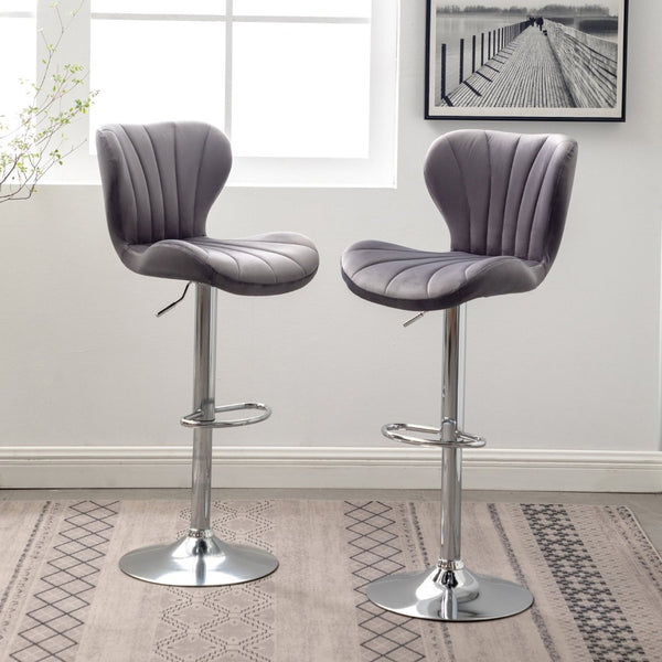 English Elm Ellston Velvet Swivel Barstools with Channel Stitching and Chrome Base Set of 2 Gray T2574P165084