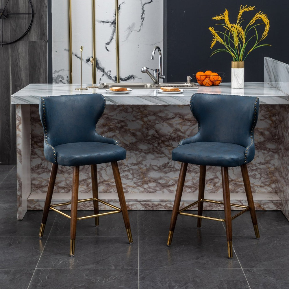 English Elm Nevis Mid-century Wingback Counter Stools Tufted Faux Suede Nailhead Walnut Legs Set Blue T2574P165097