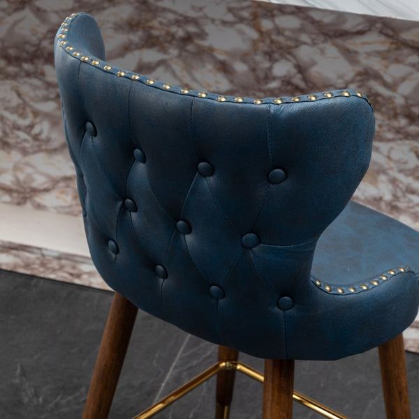 English Elm Nevis Mid-century Wingback Counter Stools Tufted Faux Suede Nailhead Walnut Legs Set Blue T2574P165097