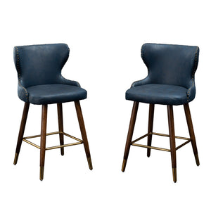English Elm Nevis Mid-century Wingback Counter Stools Tufted Faux Suede Nailhead Walnut Legs Set Blue T2574P165097
