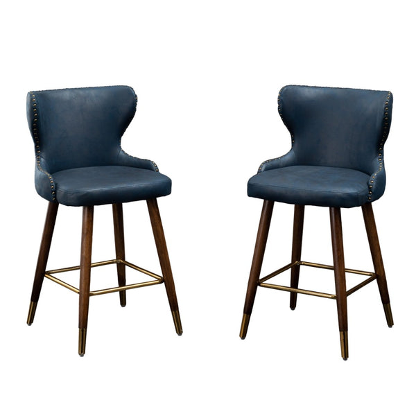 English Elm Nevis Mid-century Wingback Counter Stools Tufted Faux Suede Nailhead Walnut Legs Set Blue T2574P165097