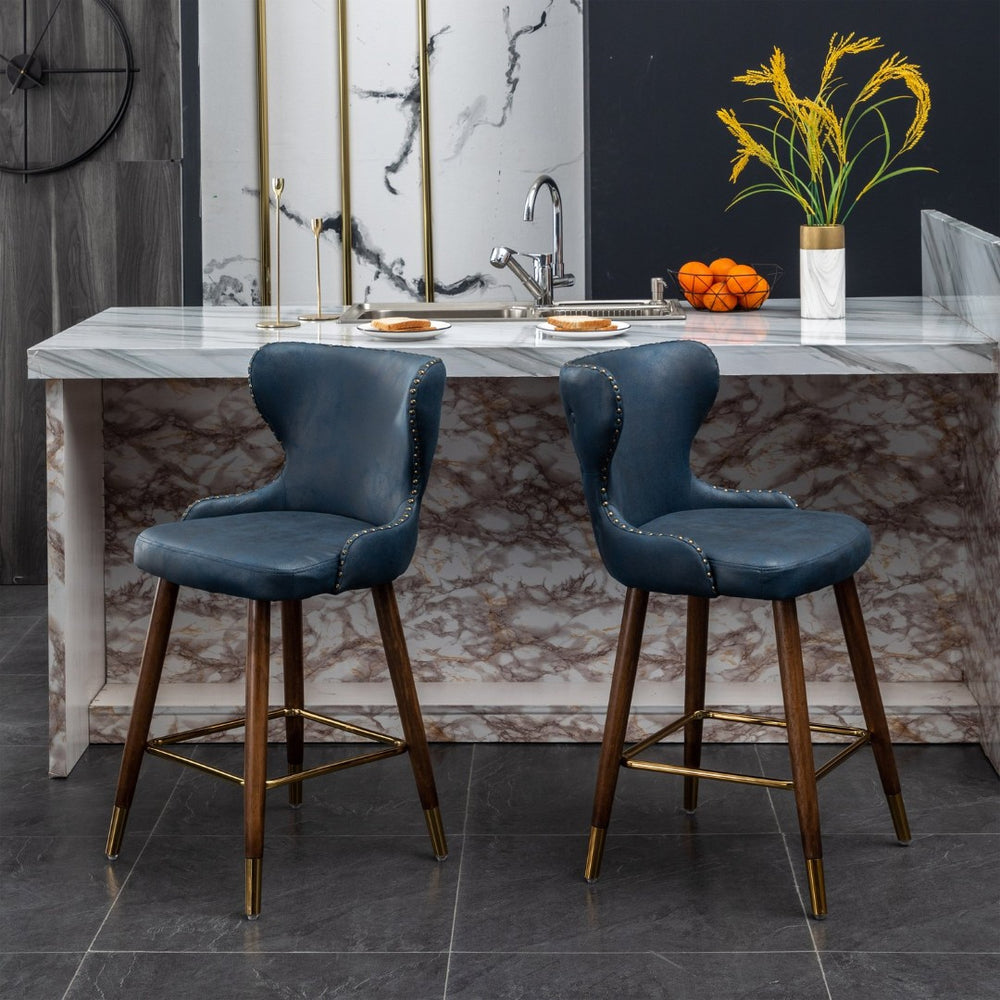English Elm Nevis Mid-century Wingback Counter Stools Tufted Faux Suede Nailhead Walnut Legs Set Blue T2574P165097