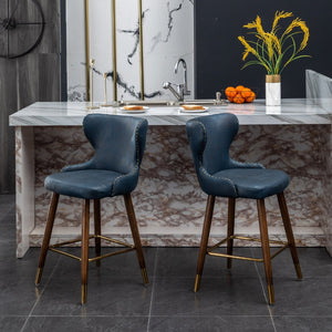 English Elm Nevis Mid-century Wingback Counter Stools Tufted Faux Suede Nailhead Walnut Legs Set Blue T2574P165097