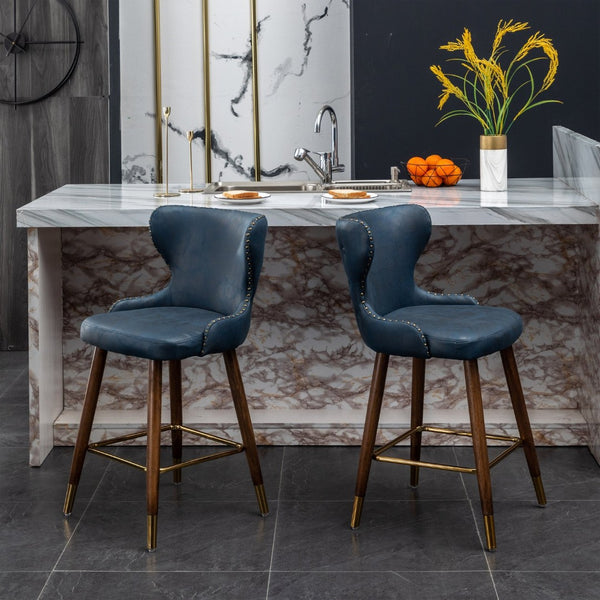 English Elm Nevis Mid-century Wingback Counter Stools Tufted Faux Suede Nailhead Walnut Legs Set Blue T2574P165097