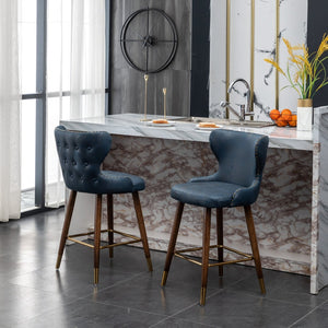 English Elm Nevis Mid-century Wingback Counter Stools Tufted Faux Suede Nailhead Walnut Legs Set Blue T2574P165097