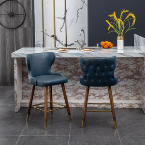 English Elm Nevis Mid-century Wingback Counter Stools Tufted Faux Suede Nailhead Walnut Legs Set Blue T2574P165097