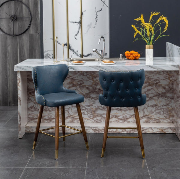 English Elm Nevis Mid-century Wingback Counter Stools Tufted Faux Suede Nailhead Walnut Legs Set Blue T2574P165097