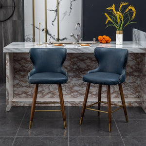 English Elm Nevis Mid-century Wingback Counter Stools Tufted Faux Suede Nailhead Walnut Legs Set Blue T2574P165097