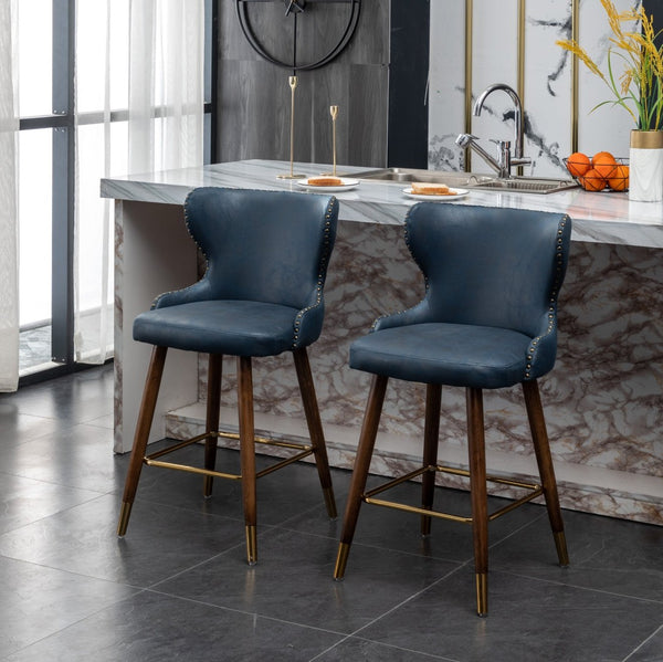 English Elm Nevis Mid-century Wingback Counter Stools Tufted Faux Suede Nailhead Walnut Legs Set Blue T2574P165097
