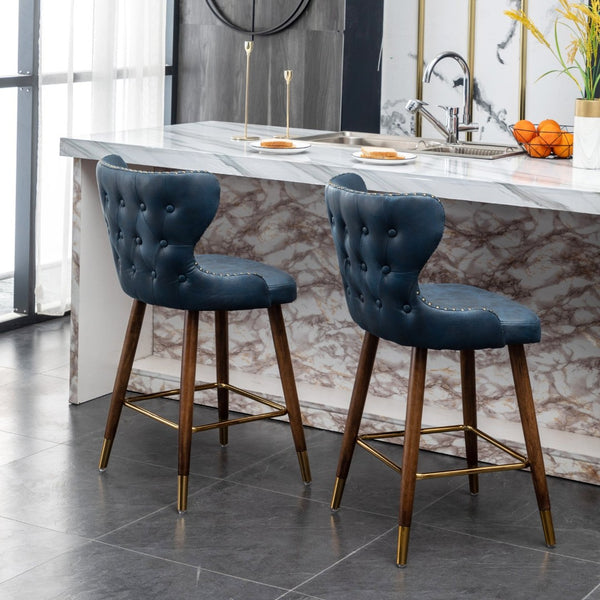 English Elm Nevis Mid-century Wingback Counter Stools Tufted Faux Suede Nailhead Walnut Legs Set Blue T2574P165097
